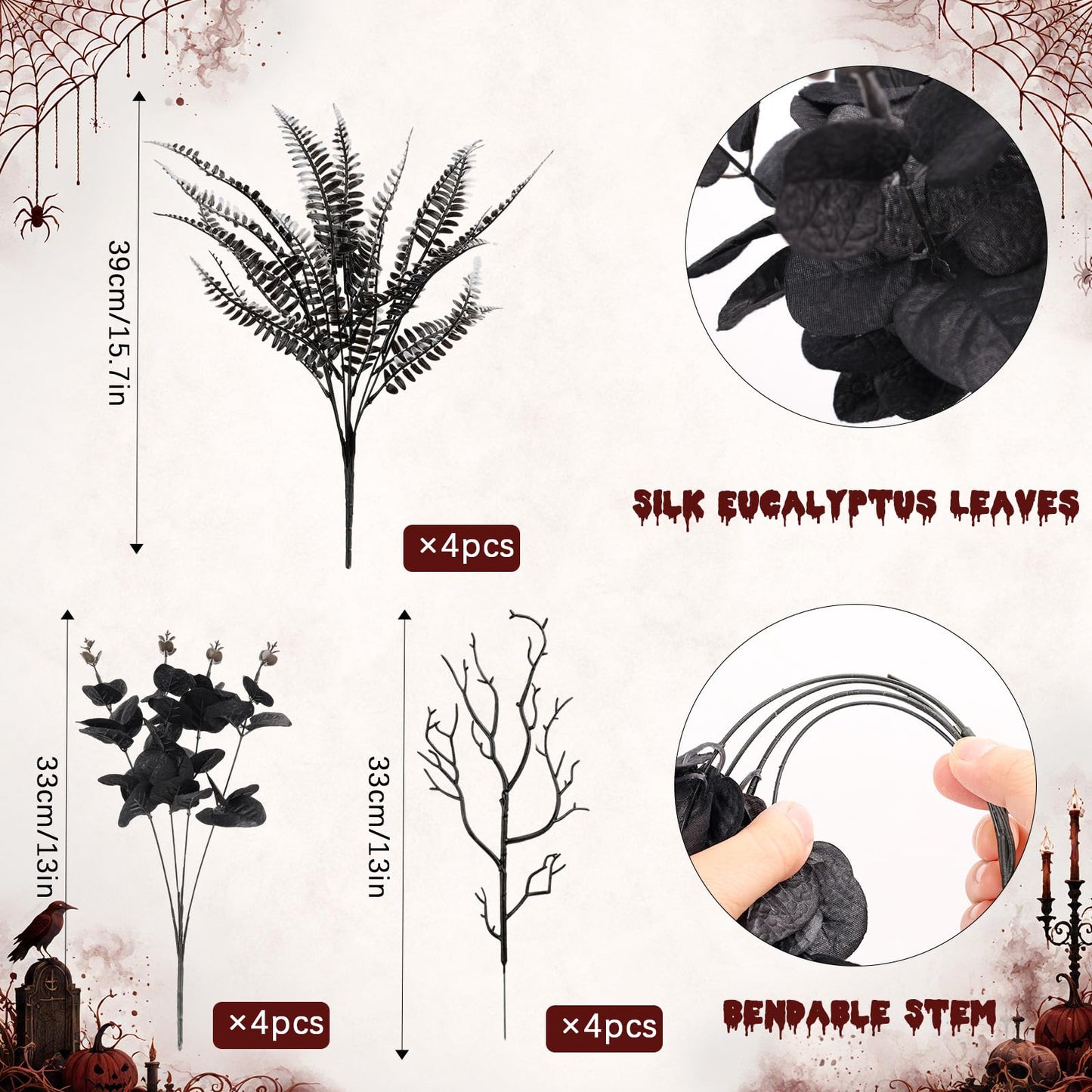 HIAGROW 12 Pcs Black Eucalyptus Stems with Ferns Dead Branches, Halloween Flowers DIY Black Silk Artificial Flowers Fake Spooky Branches for Home Halloween Farmhouse Gothic Arrangements Decor