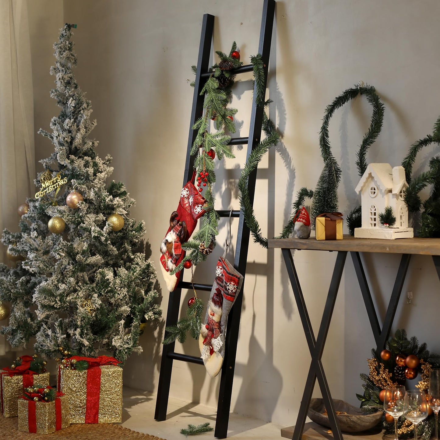 FUIN 6ft Wooden Black Blanket Ladder Living Room Decorative Wall Leaning Farmhouse Quilt Display Holder Rustic Wood Towel Rack for Bathroom