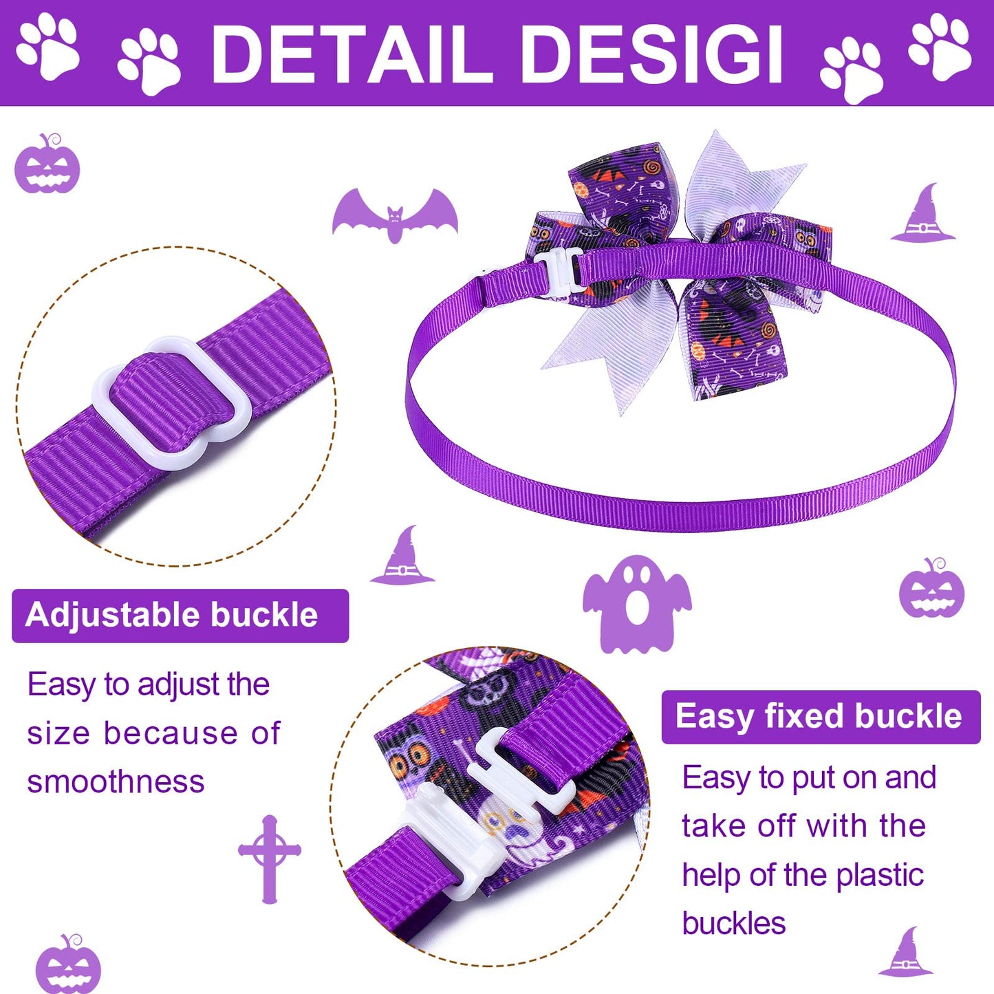 Maitys 40 Pcs Halloween Dog Bows Ties & Basic Collars Bulk - Adjustable Bowties with Plastic Buckle Hair Bow for Dog Cat Pet Holiday Festival Party Grooming Accessories