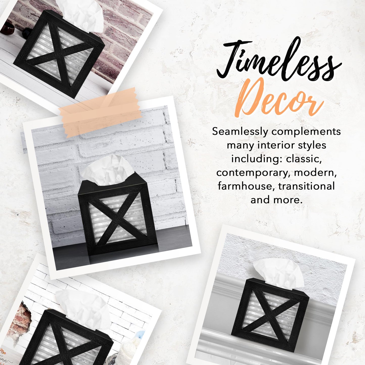 Autumn Alley Barn Door Square Farmhouse Tissue Box Cover in Black and Galvanized – Farmhouse Bathroom Accessories – Rustic Bathroom Décor Tissue Holder | Wood Galvanized Tissue Box Cover