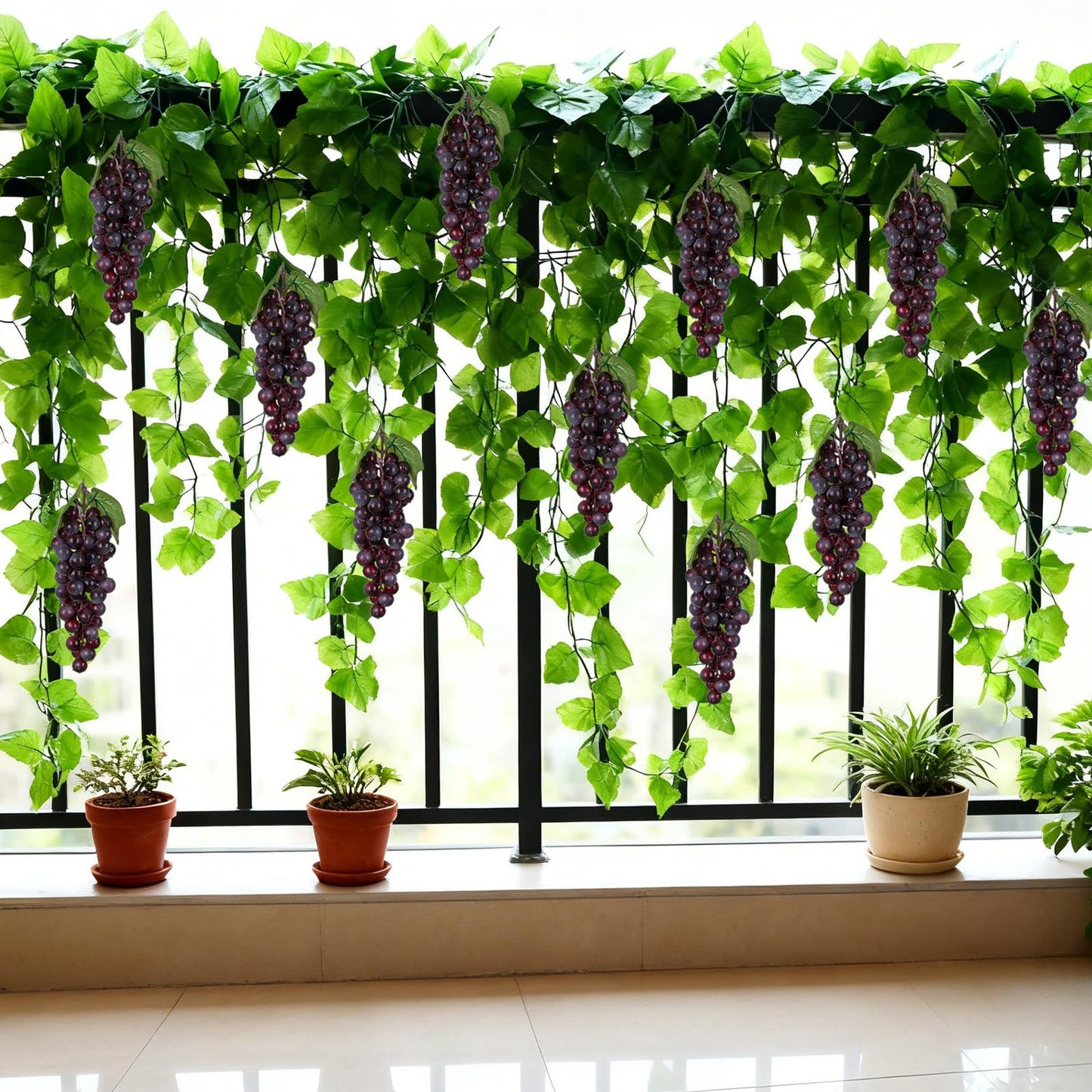 5Pcs 36 Leaves Artificial Greenery Garlands Hanging Leaves with 5 Strings 36 Purple Grapes for Faux Grape Leaf Garland Vine Plants for Indoor Outdoor Wedding Garden Home Party Wine Rack Decor