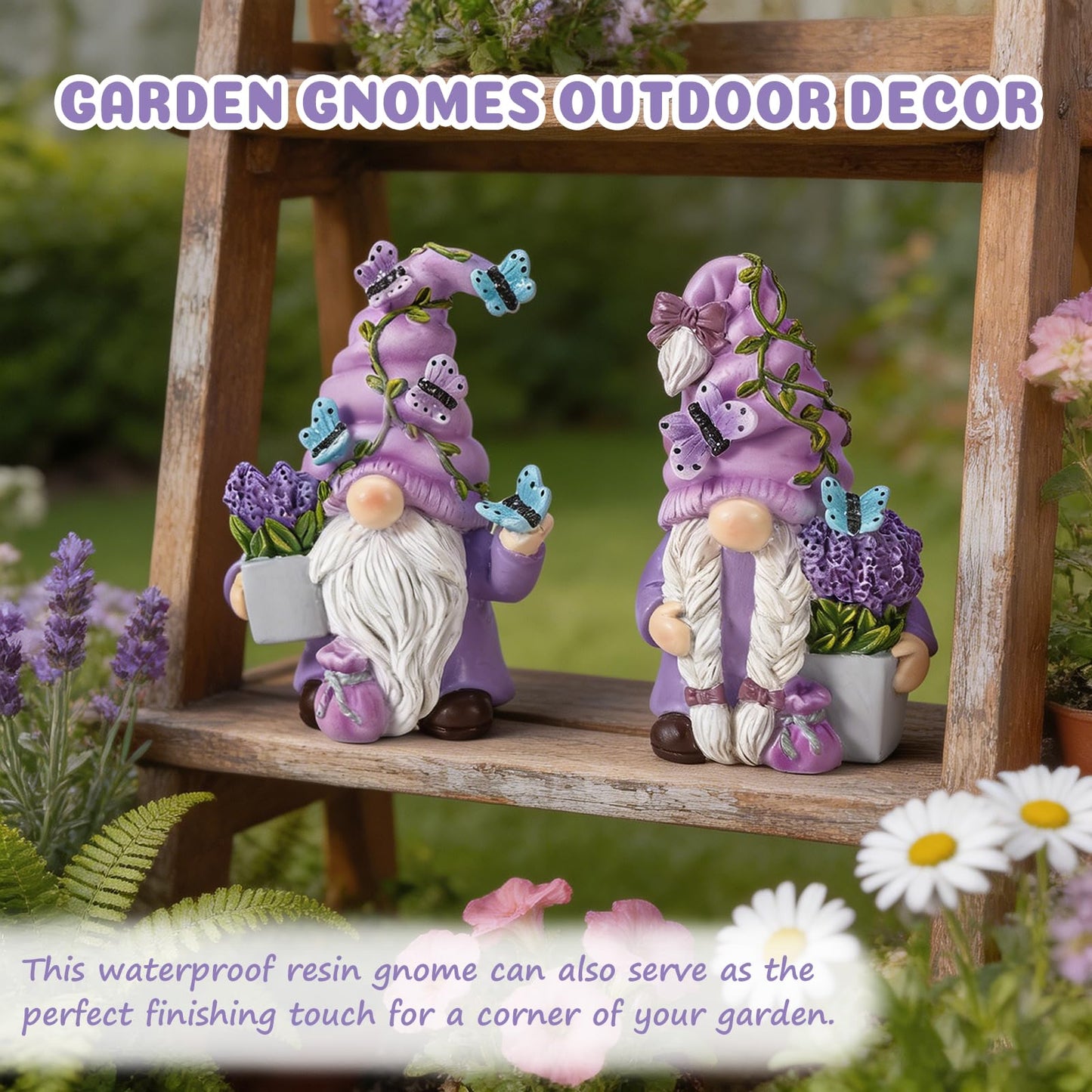 Ironlux 2Pcs Spring Lavender Gnomes Decor, Resin Purple Gnome Figurines with Butterfly, Indoor Outdoor Garden Gnomes Decorations for Home Yard, Cute Spring Gnomes Gifts for Women