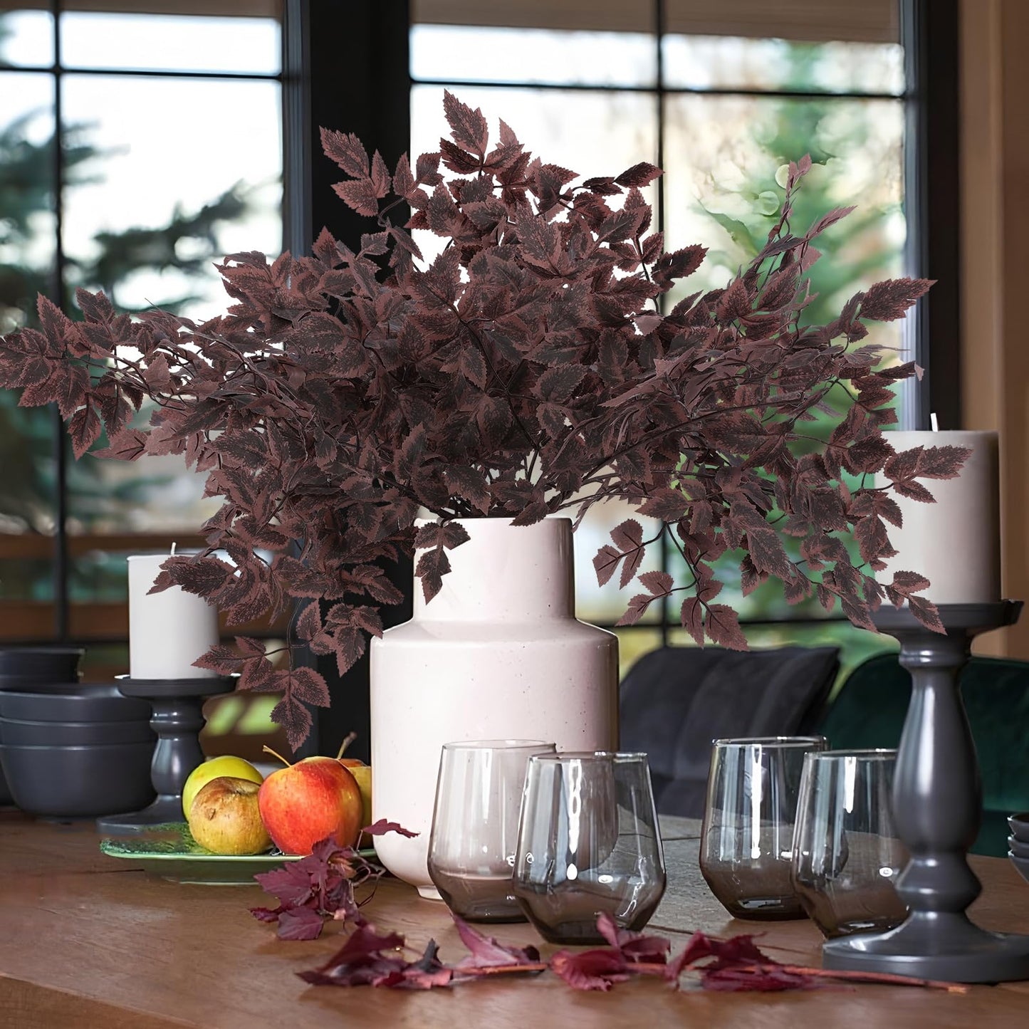 Hananona 8 Pcs Artificial Cimicifuga Leaf Spray, 23 in Faux Burgundy Fall Greenery Branch with Long Stems for Vase, Farmhouse Thanksgiving Autumn Centerpiece Halloween Decor (8, Chocolate, 23 in)