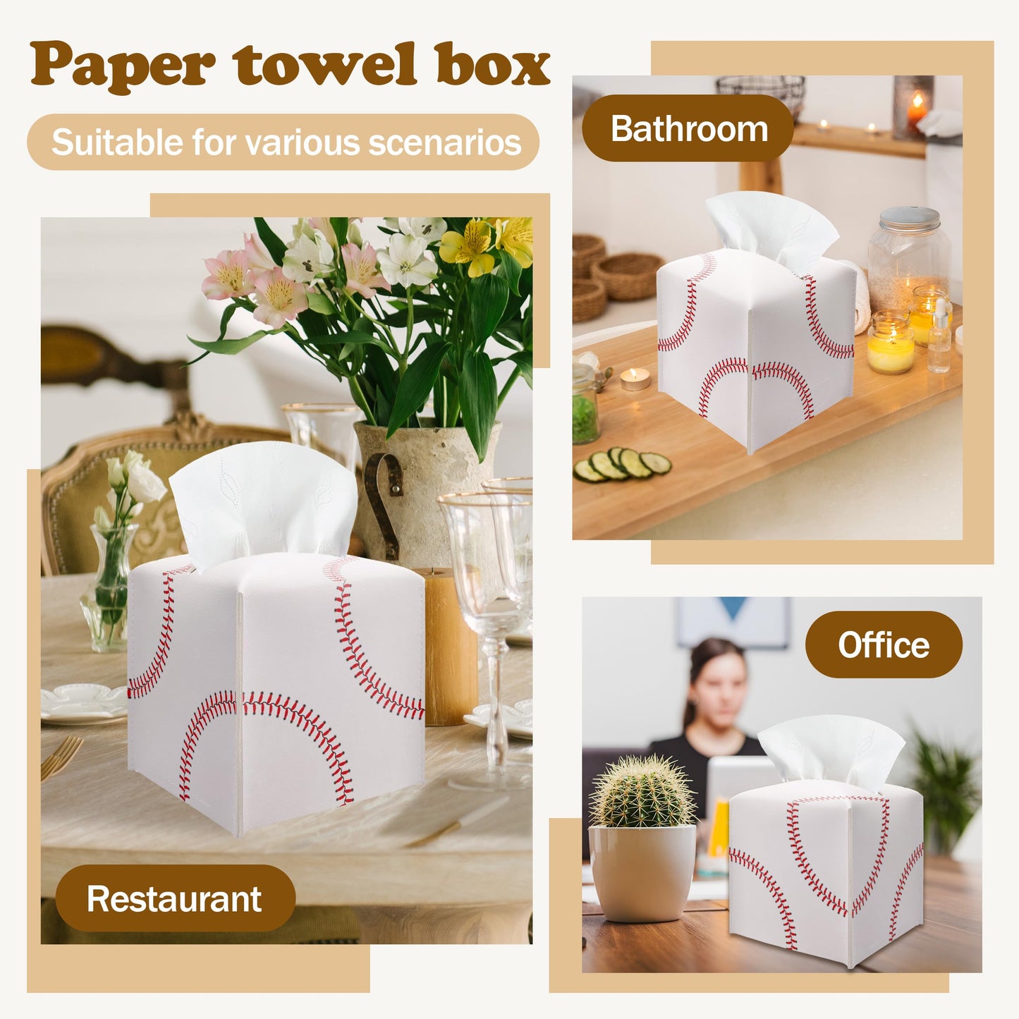 Baseball Tissue Box Cover, PU Leather Square Leather Tissue Box Cover, Decorative acial Paper Organizer for Bathroom, Home Office Car Decorations