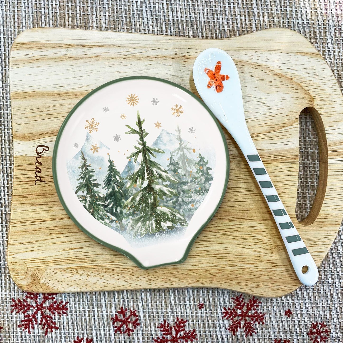 JarThenaAMCS 4.7inch Christmas Forest Spoon Rest Watercolor Xmas Tree Snowflake Small Coffee Spoon Holder for Winter Xmas Coffee Stirrers Teaspoon Bar Coffee Station Christmas Accessories