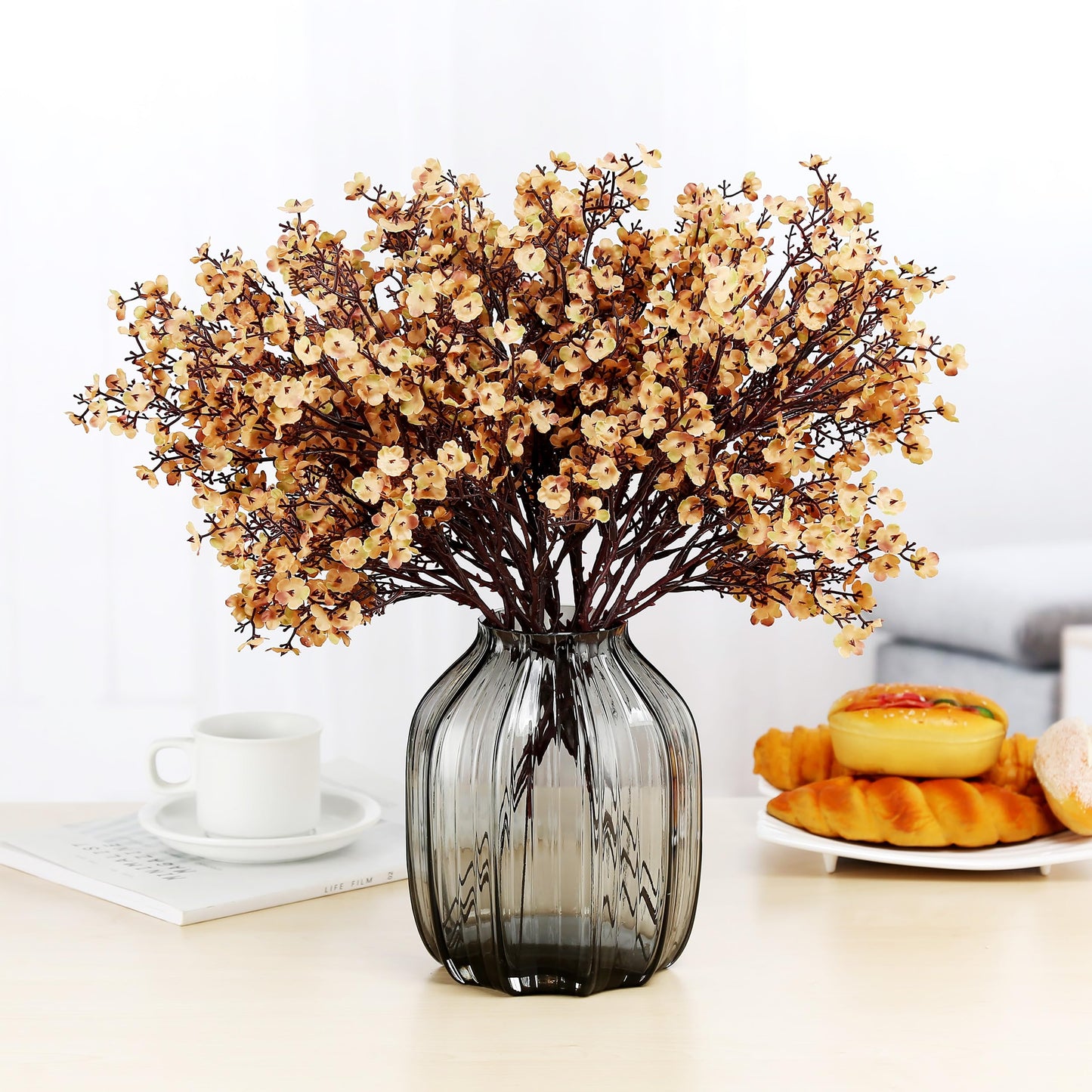 JAKY-Global Babys Breath Silk Artificial Flowers Bulk 6pcs for Fall Decor Fake Flower Bouquet Bulk for Home Kitchen Indoor Bouquet Floral Arrangement Table Centerpieces Farmhouse Decor(Khaki)