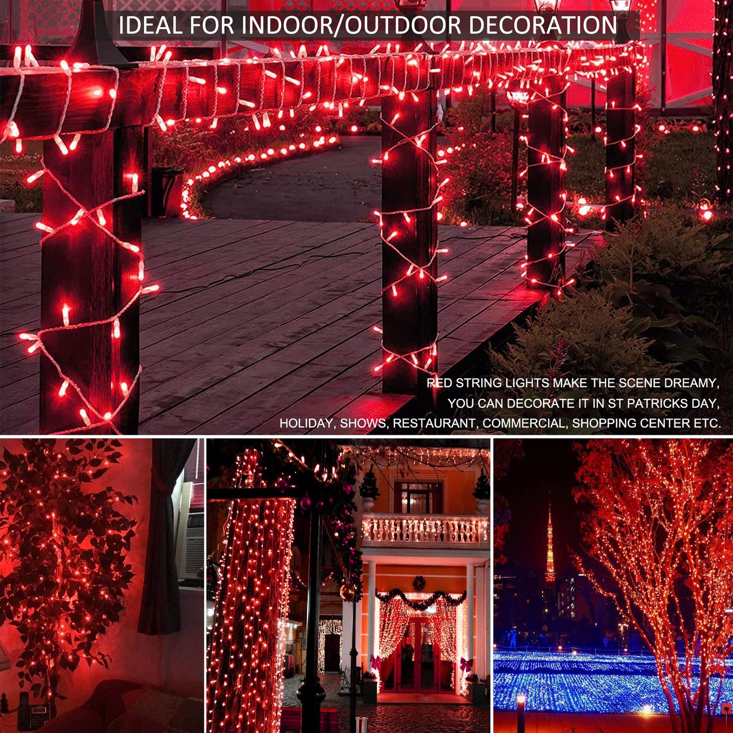oopswow Red Valentine Lights, 100 LED 33FT Christmas String Lights Plug in