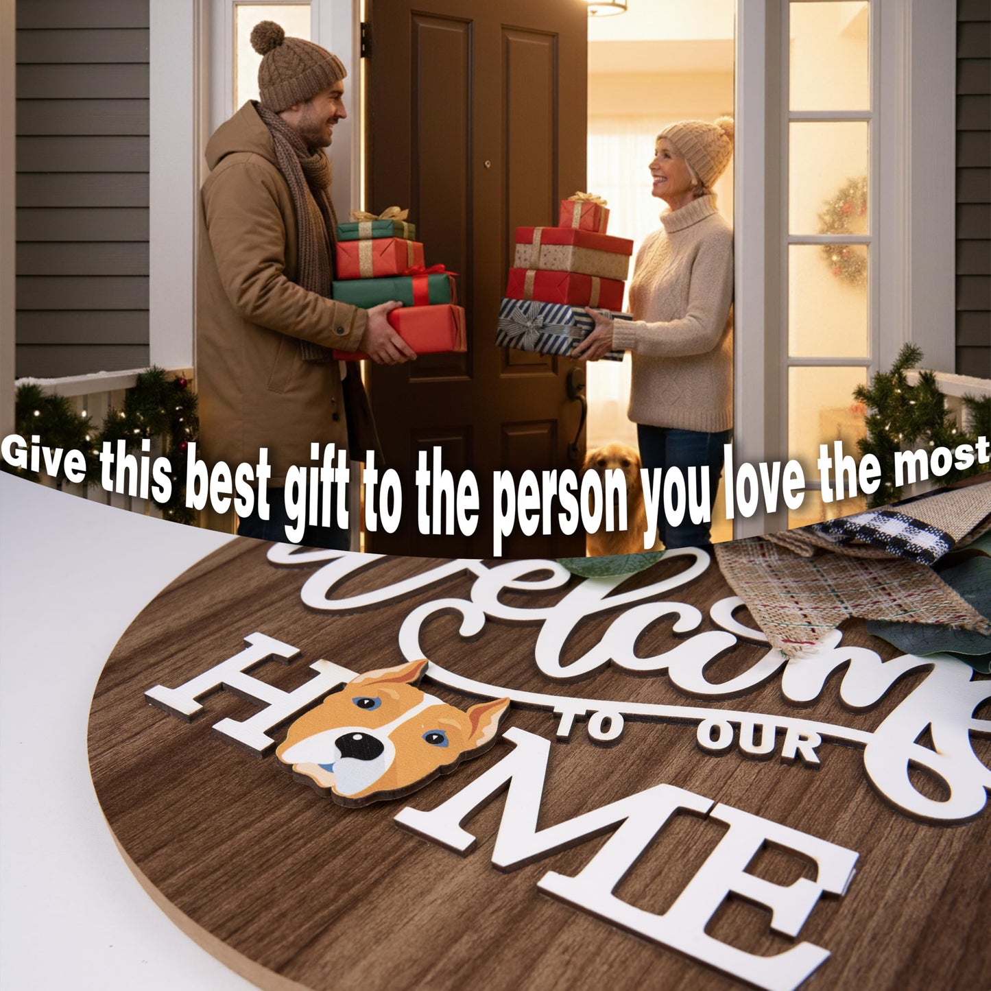 CondorPasea Interchangeable Welcome Door Sign with 16 Different Replaceable Patterns - 12" Round 3D Rustic Wooden Front Porch Decor, Artificial Leaves & Rustic Beads, Farmhouse/Classroom All Seasons Holiday (Christmas Halloween) Welcome Home Hanging Sign
