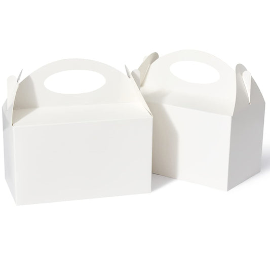 Happyhiram 50 Pcs Party Treat Boxes - White, 6 Inch Candy Boxes with Handle - Paper Cookie Gift & Snack Goodie Bags for Kids Birthday, Baby Shower, Wedding
