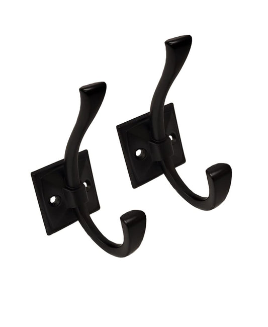 QCAA Coat and Hat Hook, Zinc Die Cast, Matte Black, 2 Pack, Made in Taiwan