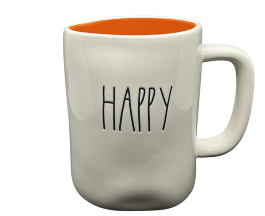Rae Dunn Happy Halloween ceramic coffee mug. Double sided with orange interior