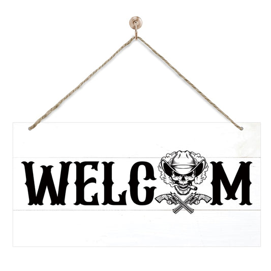 Welcome Sign for Front Door, Welcome Decor Wooden Hanging Sign for Wall Decor, CowBoy Skeleton Pattern Hanging Signs, Funny Wooden Outdoor Front Door Decoration 13.8X6.9 inches