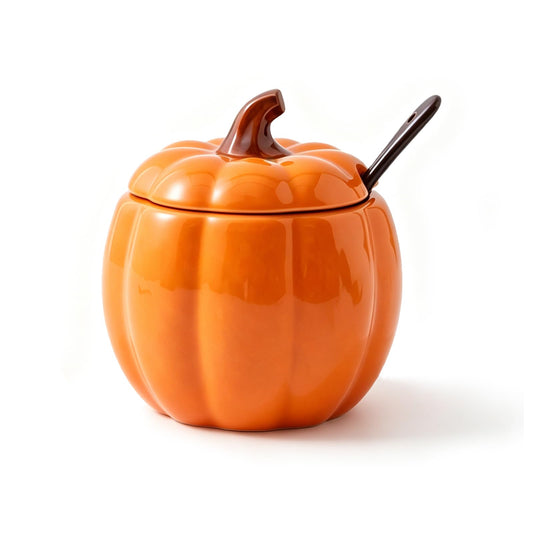 FTNESGYM Ceramic Salt Cellar with Lid and Spoon, 13.5oz Cute Pumpkin Shaped Spice Jar for Sugar, Salt, Spice, Decorative Spice Container for Fall Harvest & Halloween & Thanksgiving (Pumpkin)