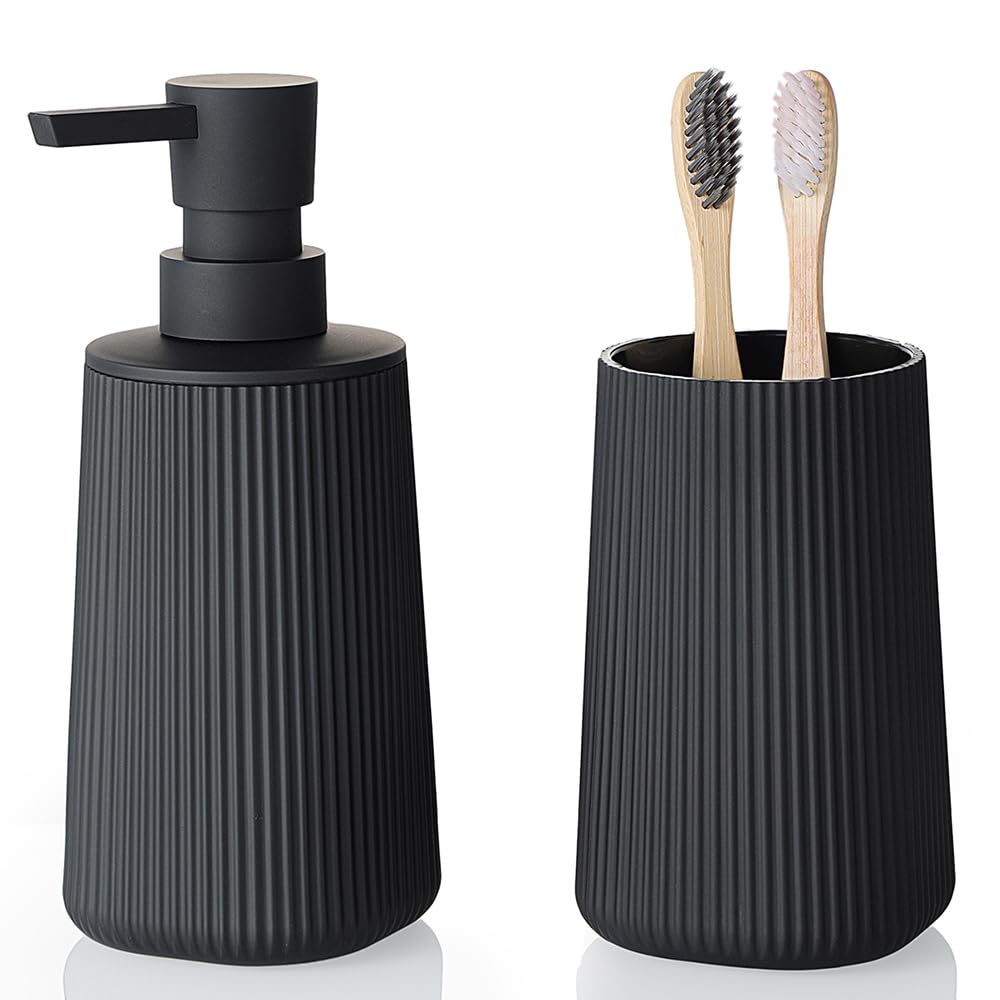 YAUKPH Bathroom Accessories Set 2 Piece Soap Dispenser and Toothbrush Holder for Bathroom Countertop Striped Black