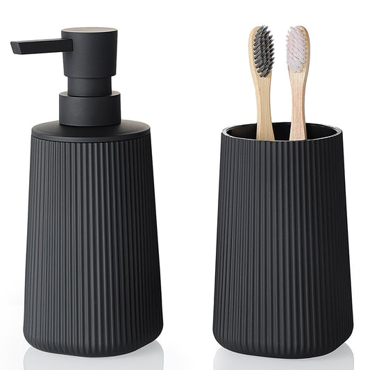 YAUKPH Bathroom Accessories Set 2 Piece Soap Dispenser and Toothbrush Holder for Bathroom Countertop Striped Black