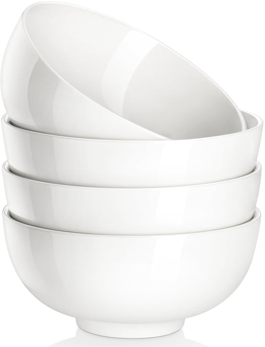 MALACASA 26 OZ Porcelain Soup Bowls Set of 4, White Ceramic Bowls for Kitchen, Cereal Bowl for Oatmeal, Fruit, Salad, Ramen and Rice Bowl -Dishwasher & Microwave Safe Bowls