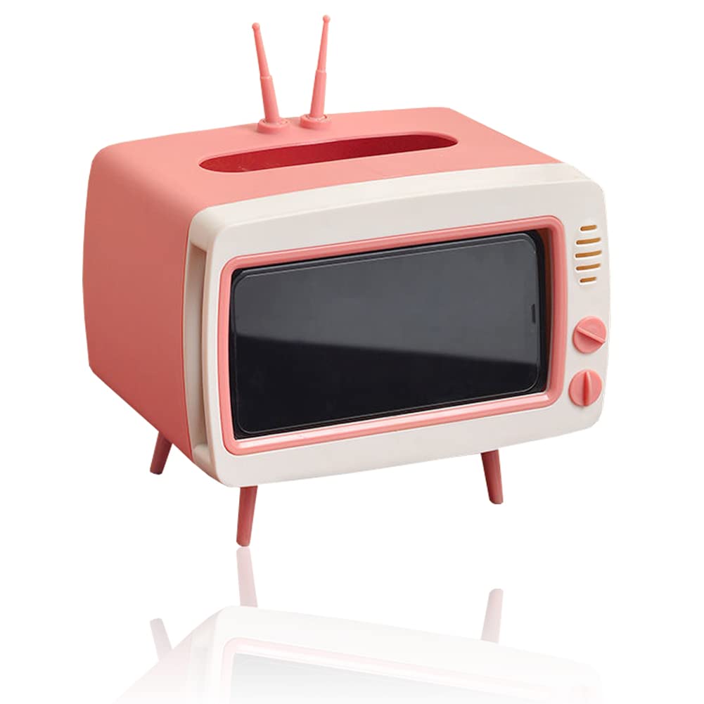 CQUUKOI Fun Cute TV Tissue Box Holder,Multi Functional Square Tissue Box Cell Phone Holder for All Smartphone Toilet Paper Napkin Box Desktop Decoration for Room Bathroom Kitchen Dining (Pink)