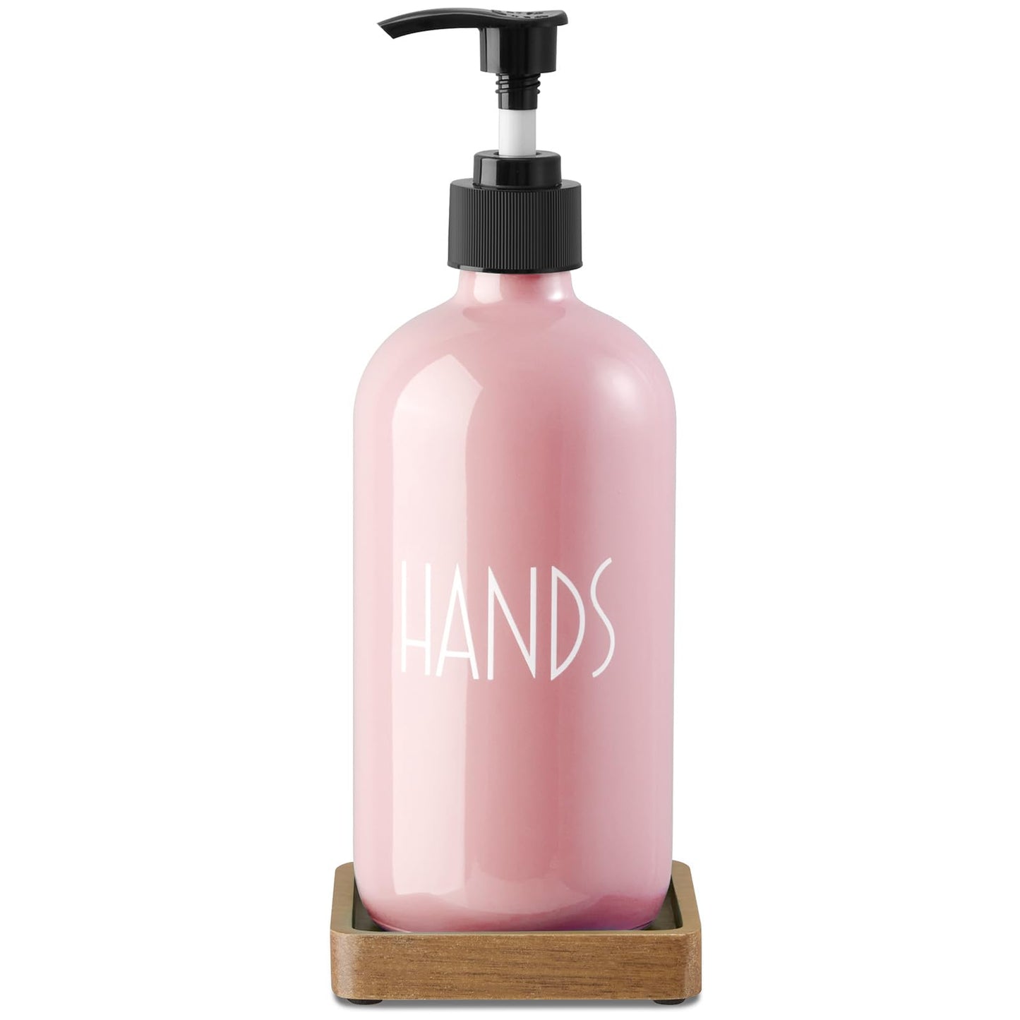 Pink Glass Hand Soap Dispenser with Acacia Wood Tray, 16 oz Refillable Hand Soap Pump Bottle, Decorative Countertop Soap Dispenser Set for Kitchen, Bathroom, Restaurant