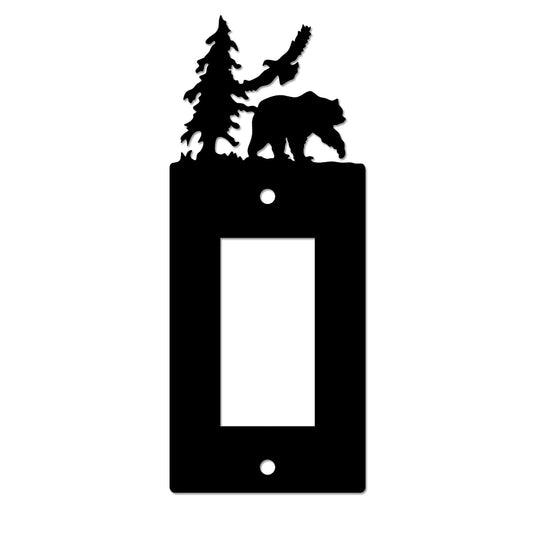 Eagle & Bear Light Switch Wall Plate, Single Rocker, Black Cabin Lodge Room