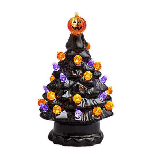 Halloween Ceramic Tree Decorations, Lighted Black Ceramic Tree with Glowing Pumpkin Lights Battery Powered Tabletop Lamp for Indoor Home Office Halloween Fall Decor, 3.94x6.81in