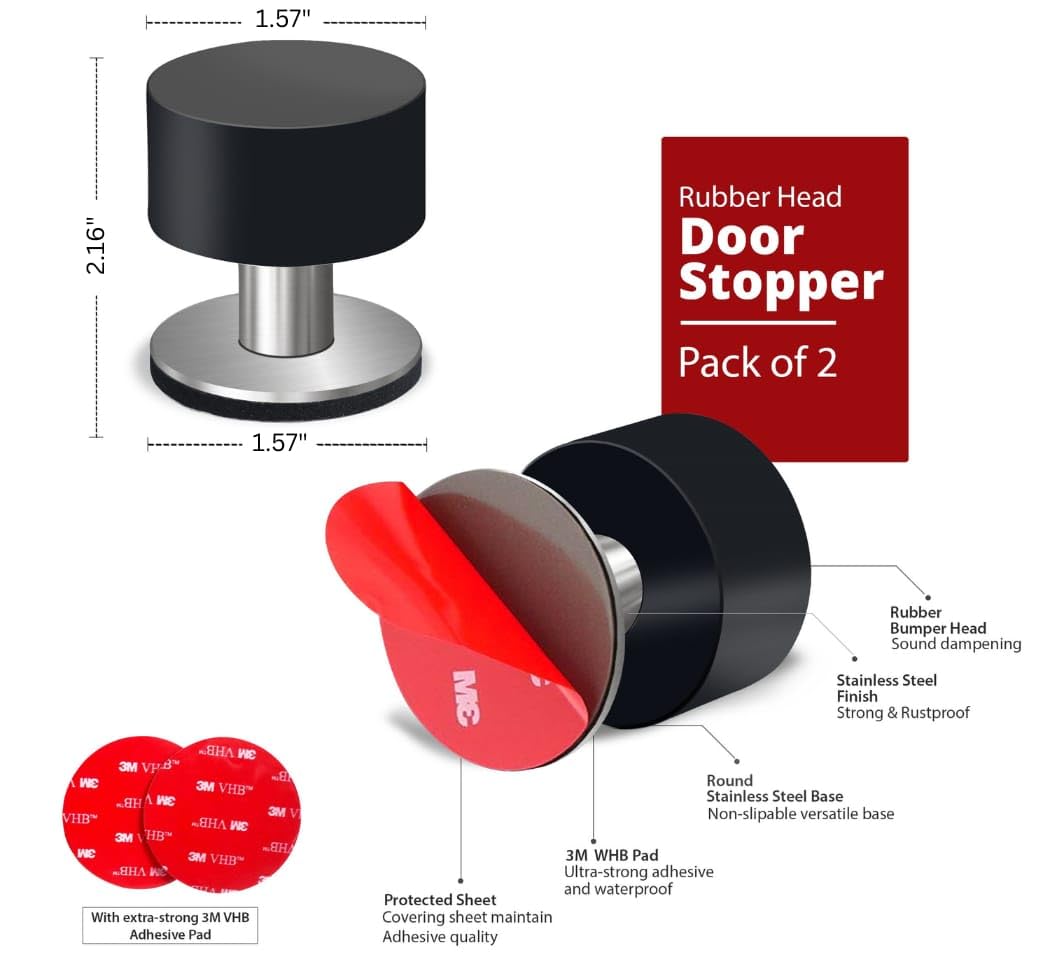 2 Pack Door Stoppers Stop with Extra Stickers, Self-Adhesive Door Stops with Black Rubber Bumper & Stainless Steel Body - Heavy Duty Door Knob Wall Protector Sound Dampening for Home & Office Use