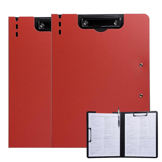 FRETONBA Clipboard Folder, 2 Pcs A4 Foldable Clipboard with Horizontal and Vertical Double Metal Clips, 360 Degree Foldable Binder Clipboards with Pen Holder, File Cover Work Folder Clipboards, Red