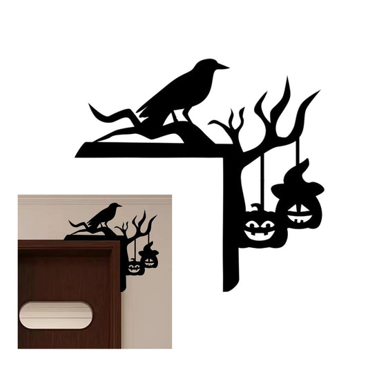 Crow Pumpkin Door Topper, Black Door Corner Metal Sign, Halloween Spooky Door Sitter, Metal Halloween Home Decor, Horror Silhouette Hanging Window Sill Decoration, Halloween Wall Hanging Ornament