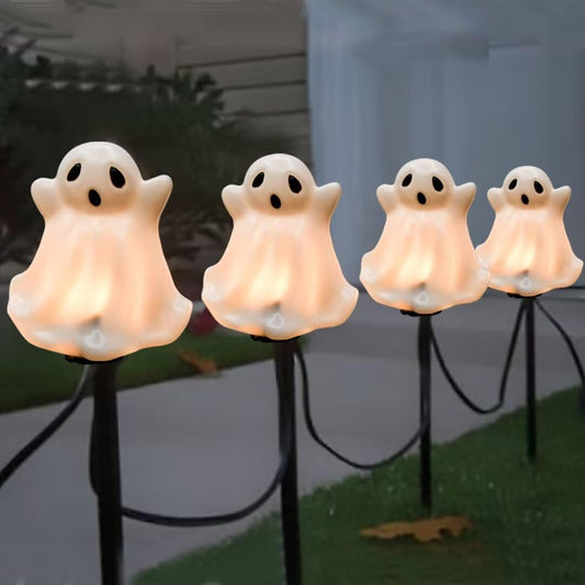 SUNSGNE Halloween Ghost Pathway Lights Outdoor, Set of 4 Ghost Halloween Stake Path Lights with C7 LED Bulbs for Outdoor Yard Walkway Garden Party Decoration