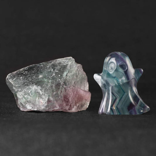 Artistone Rainbow Fluorite Crystal Ghost Statue 2.0 inch Ghost Figurine Natural Hand Carved Gemstone Statue Halloween Carnival