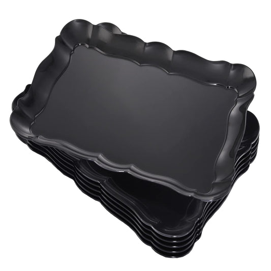 BBG 6 Pack Black Plastic Serving Trays, 15" x 10" Party Platters and Trays, Rectangle Black Plastic Serving Trays, Dishwasher Safe Reusable Platters Set, Plastic Trays for Party