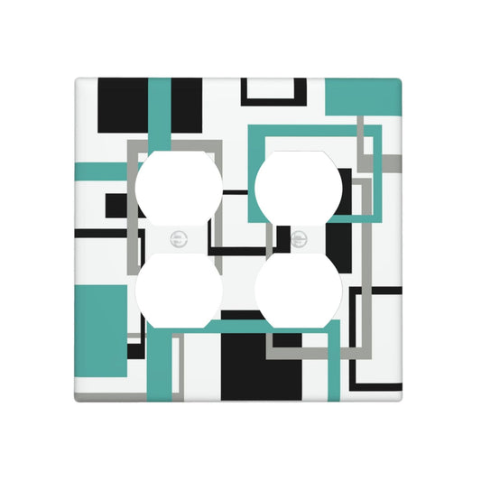 Geometric Turquoise Black Gray Modern Abstract Boho Outlet Covers 2 Gang Double Duplex Decorative Light Switch Covers Electrical Wallplates Socket Faceplate for Office Nursery Decor