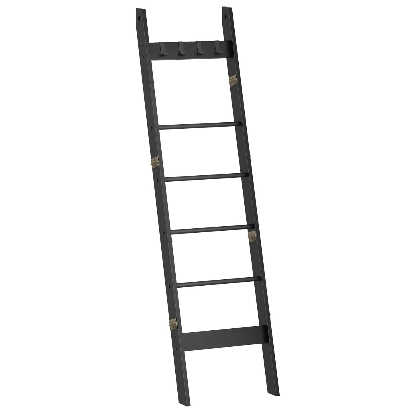 Hzuaneri Blanket Ladder for Living Room, Decorative Quilt Rack with 4 Removable Hooks, 6-Tier Farmhouse Ladder Holder Shelf Organizer for Bedroom, Black BR31504B