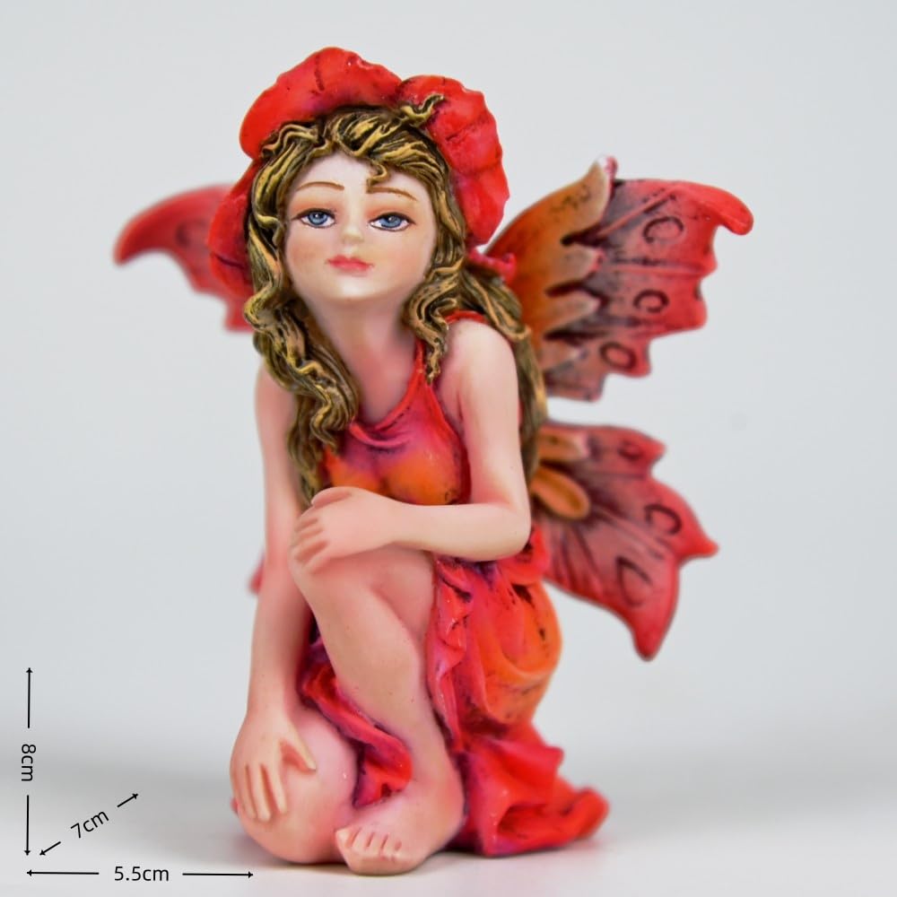 Fipcnbs Fantasy Red Autumn Fairy Figurine, 3.15 Inch Flower Hat Elf Statue, Hand-Painted Gradient Resin Decor with Textured Wings for Fall Garden, Desk, Plant Pot