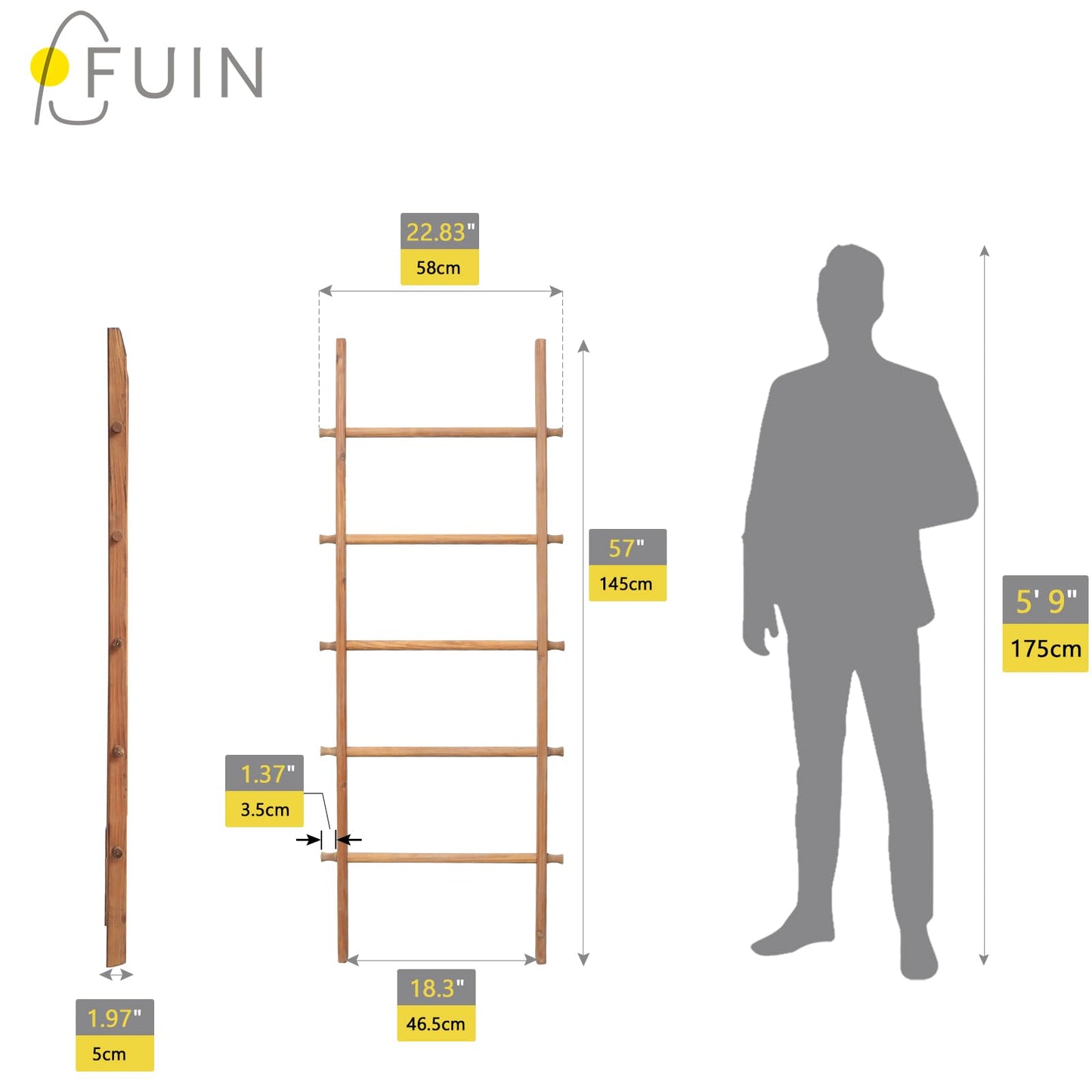 FUIN 57in Wood Blanket Ladder Living Room Decorative Wall Leaning Farmhouse Quilt Display Holder Rustic Wooden Towel Rack for Bathroom, Light Brown