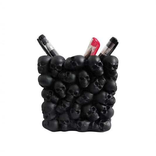 RURAUOGR Skull Pen Pencil Holder Makeup Brush Holder Toothbrush Holder Flower Pot Key Storage Resin Skeleton Home Office Halloween Decor (Black)