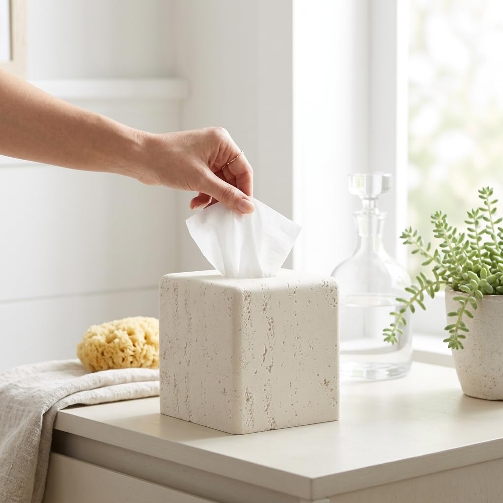 Haocoott Tissue Box Cover Square, Resin Facial Tissue Holder Covers Toilet Paper Holder Decorative Travertine Paper Dispenser Home Decor for Bathroom Bedroom Living Room Office (Off White)