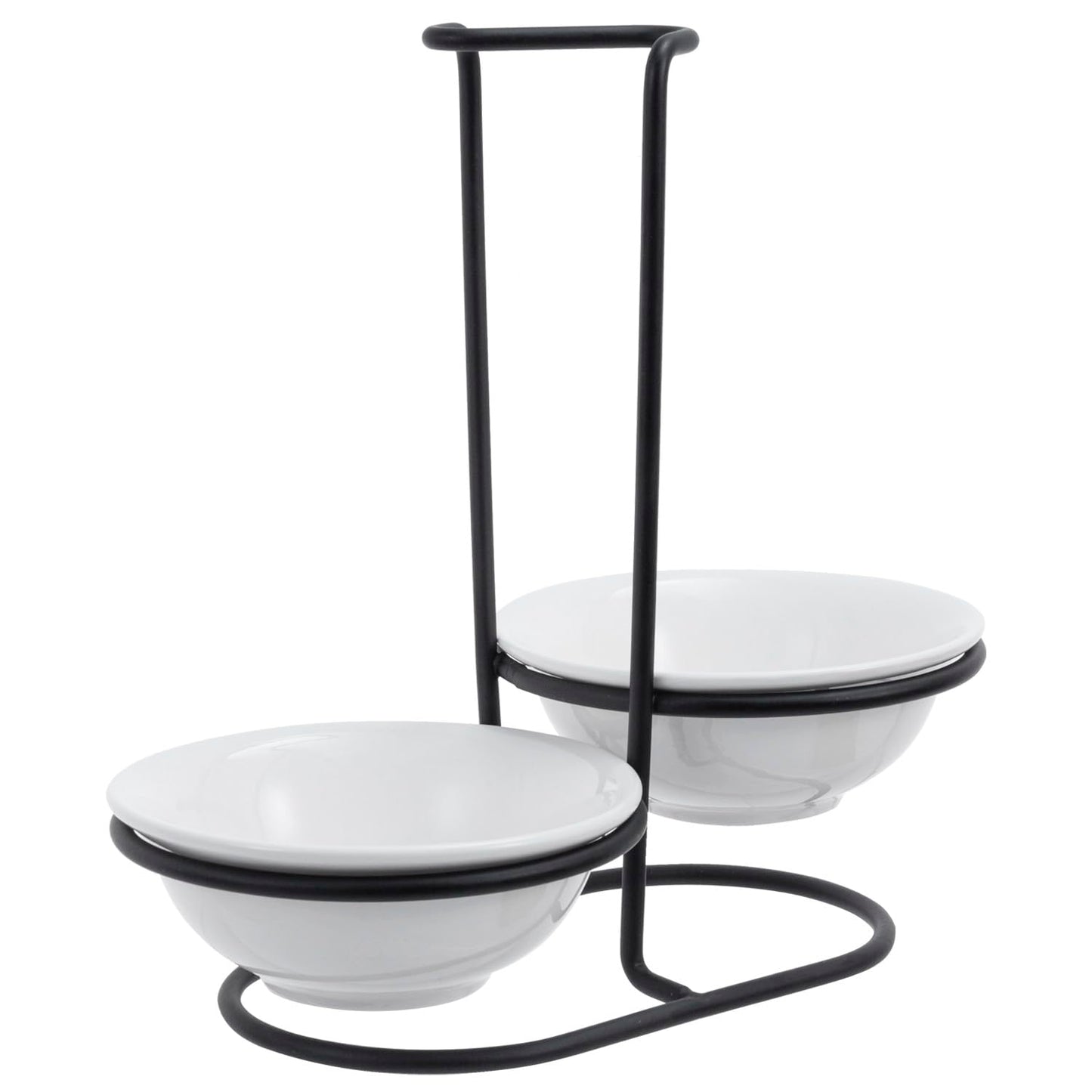 MyGift Countertop Ceramic Spoon Rest with Matte Black Metal Stand, Upright Ladle Holder Rack with 2 Bowl Dish