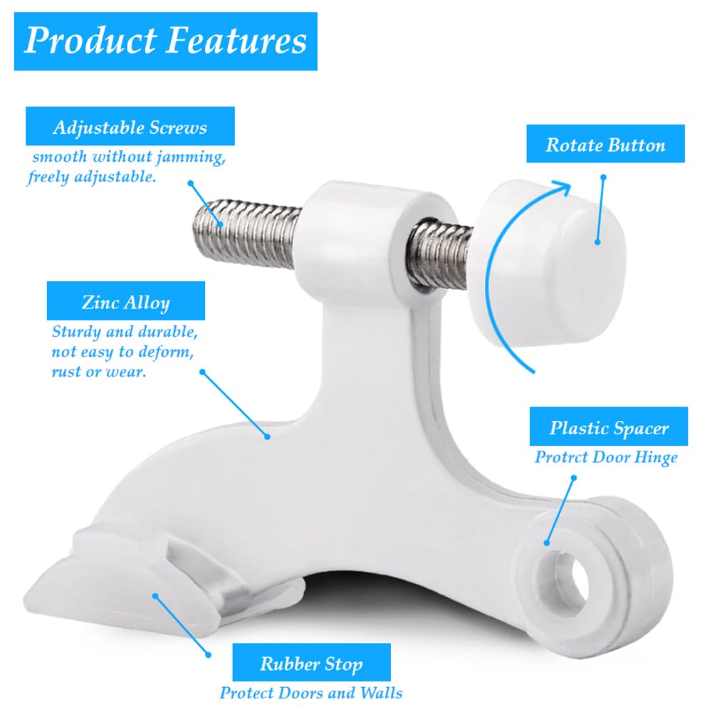 OBTANIM 8 Pack Hinge Pin Door Stopper Heavy Duty Metal Adjustable Door Stops with Rubber Bumper Tips (White)