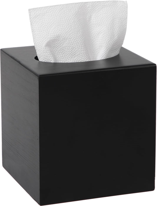 CATORY Tissue Box Cover Square,Wooden Tissue Box Holder,Cube Tissue Box Cover with Slide-Out Bottom,Decorative Tissue Box Holder Covers Your Tissues for Bathroom,Living Room,Office-Black, TBC04B