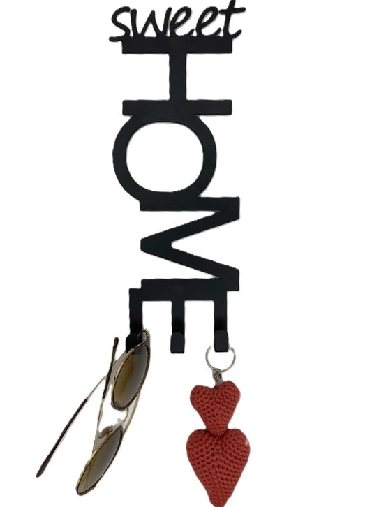Sweet Home Wall Key Holder with 3 Hooks, Black Metal Decorative Key Hanger, 2 Installation Options