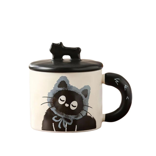 BONTOUJOUR Super Cute Black Cat Coffee Mug, Creative Funny Novelty Lovely Kawai Wearing Scarf Happy Tea Cup+ Kitty lid, Lover Couple Best Friend Friendship Valentine Water Cup, Cat Lover Gift -Blue