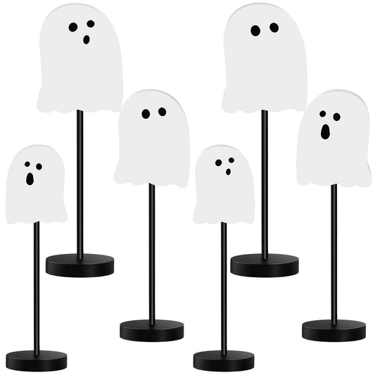 Briwooody 6 Pcs Halloween Table Decorations Cute Ghost Wooden Signs Halloween Tiered Tray Decor White Ghost Spooky Table Centerpiece Tall Block Sign for Party Home Mantel Shelf Room Decor