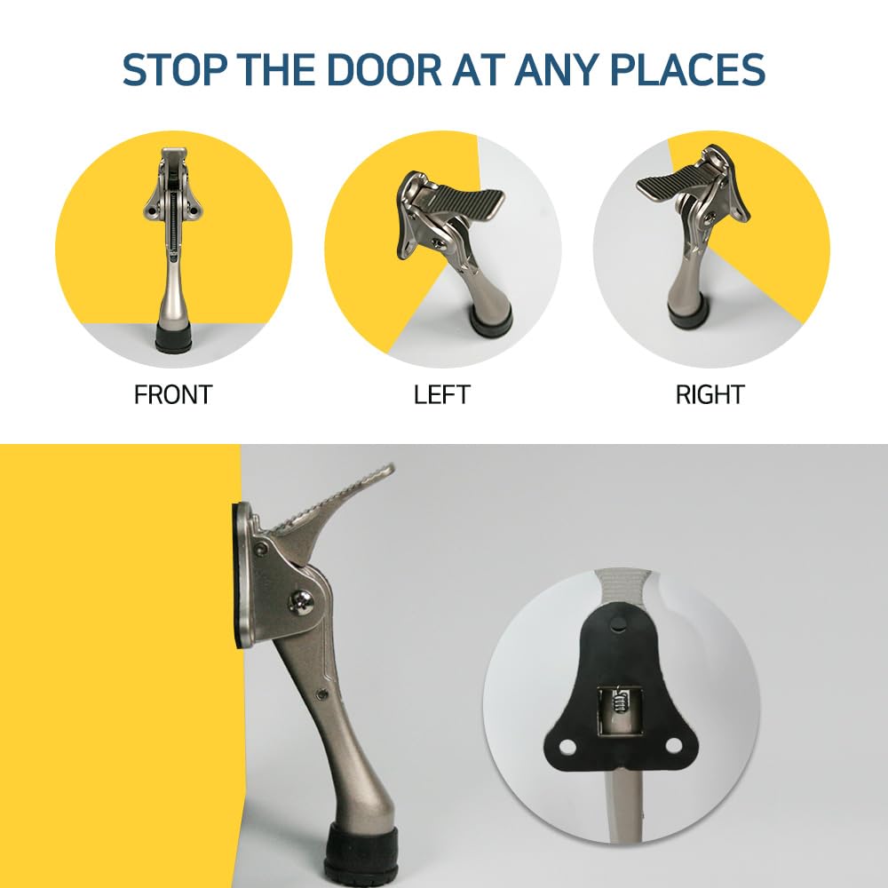 One Touch Kickdown Door Stopper, Door Holder, Heavy Duty Door Stops, Bottom of Door, Height-Adjustable Rubber Tips by HASHI (Satin Nickel 4 inch x 2pack)