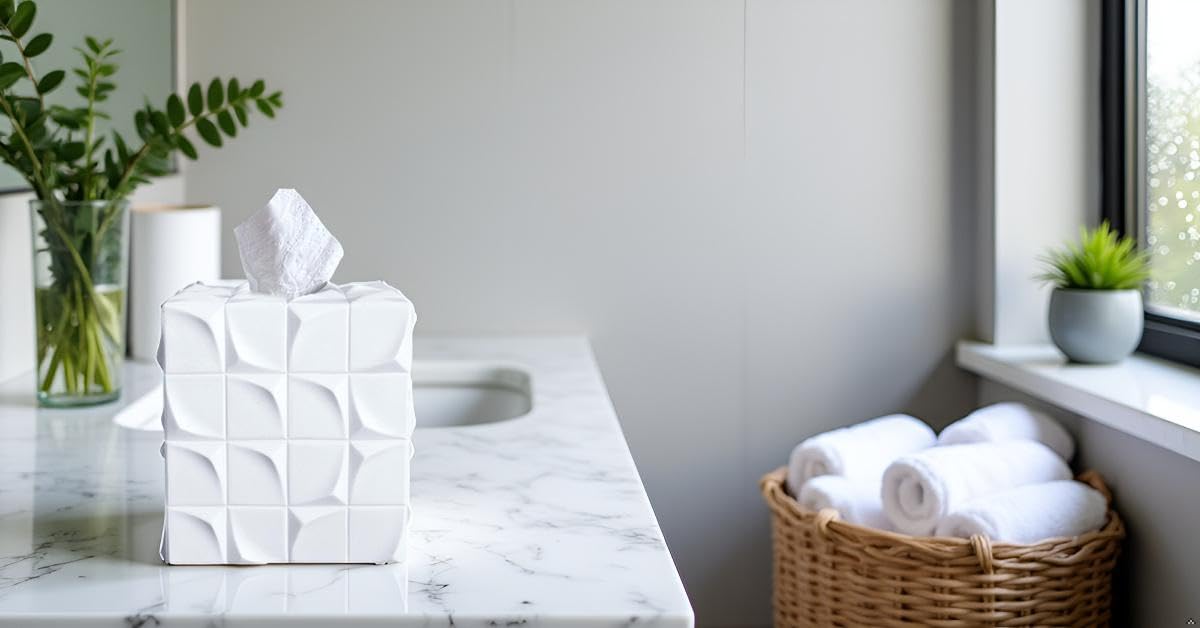 Huitony Square Tissue Box Cover Decorative Kleenex Box Holder for Bathroom & Living Room with Handcrafted Texture (White)
