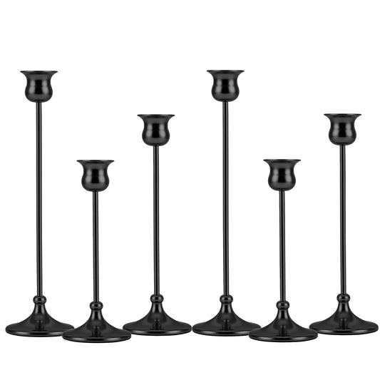 Metal Candle Holder Taper Candlestick Holders for Candle Sticks Vintage Candelabra for Halloween Thanksgiving Christmas (Matt Black, 2 Sets (6 pcs))
