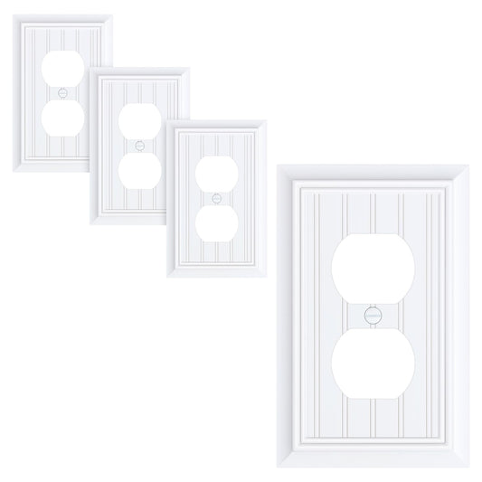 4-Pack Classic Beadboard Duplex Outlet Cover Plate, Decorative Pure White Switch Plates and Outlet Covers, Natural Bamboo Fiber Wall Plates for Electrical Outlets, 1 Gang Receptacle Cover