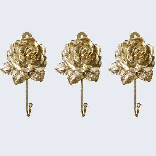 MDPLY 3 Pack Flower Coat Hooks, Gold Resin Rose Decorative Wall Hooks with 2 Size Screws, Vintage Floral Wall Hangers for Entryway, Bathroom, Bathroom & Kitchen