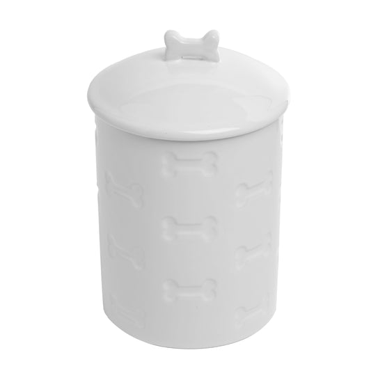 Park Life Designs Ceramic Treat Jar, Kitchen Countertop Container for Dogs, Cats, Puppies and More, Chic Container with Airtight Lid for Cookies, Biscuits and Treats (Manor) (Bones, White, 1.4 Qt)