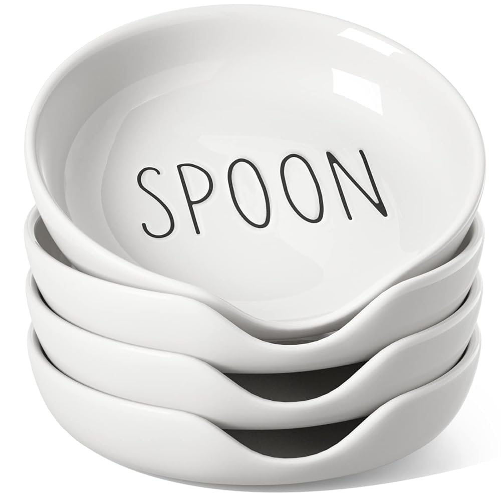 LE TAUCI Ceramic Spoon Rest for Stove Top, 5 Inch Spoon Holder for Kitchen Counter Set of 4, Kitchen Gadgets, Coffee Spoon Cradle, Home Accessories for Utensils, Dishwasher Safe, White
