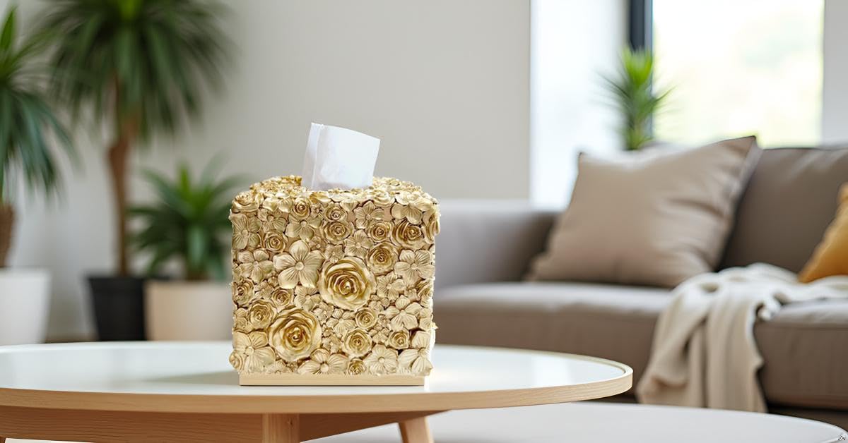 Huitony Square Tissue Box Cover Decorative Kleenex Box Holder for Bathroom & Living Room with Handcrafted Texture (Rose Gold)